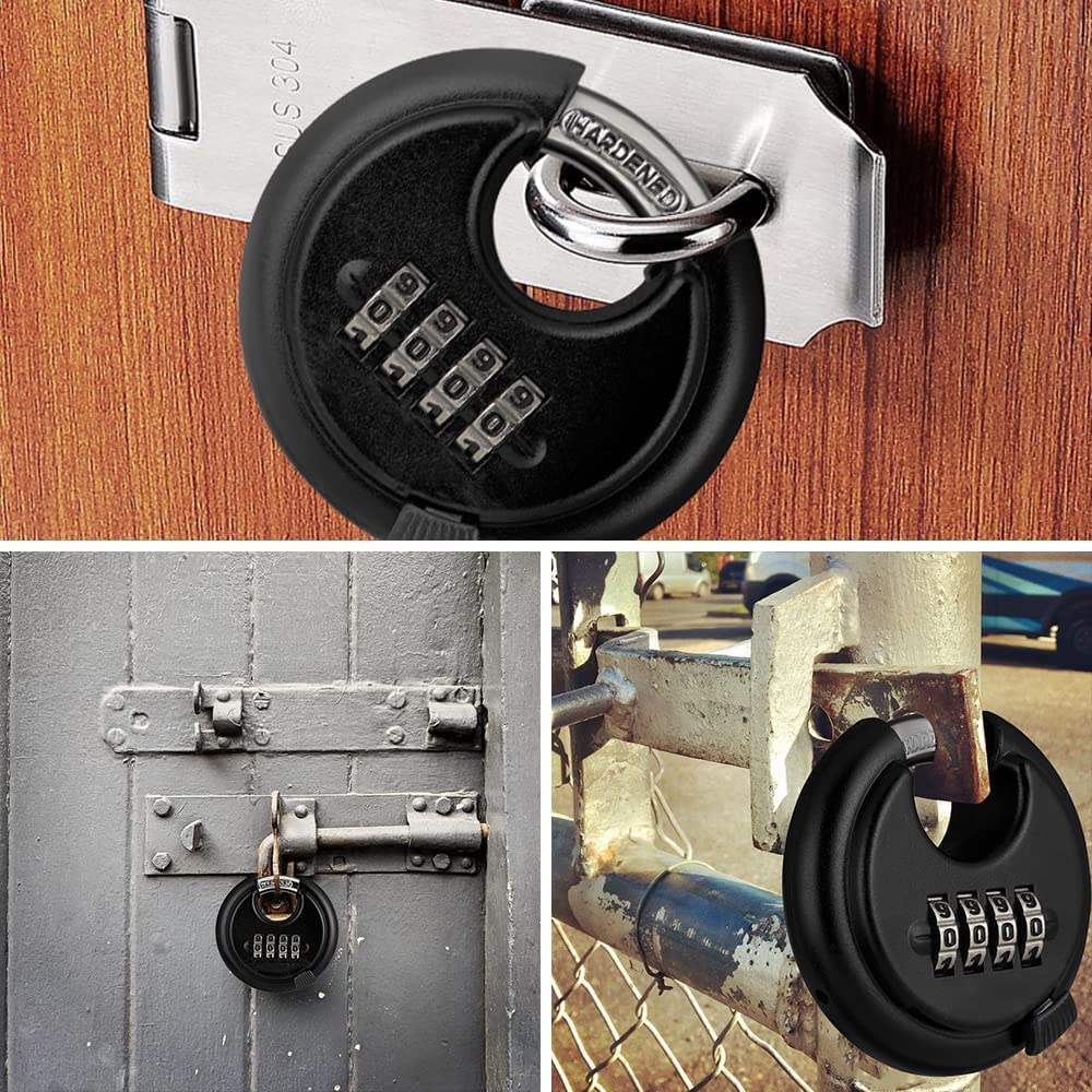 THIRARD Disc Padlock Combination,4 Digit Outdoor Combination Lock Weatherproof, Discus Combo Lock for Storage Unit,Sheds,Gate,Garages,Fence，1 Pack Black