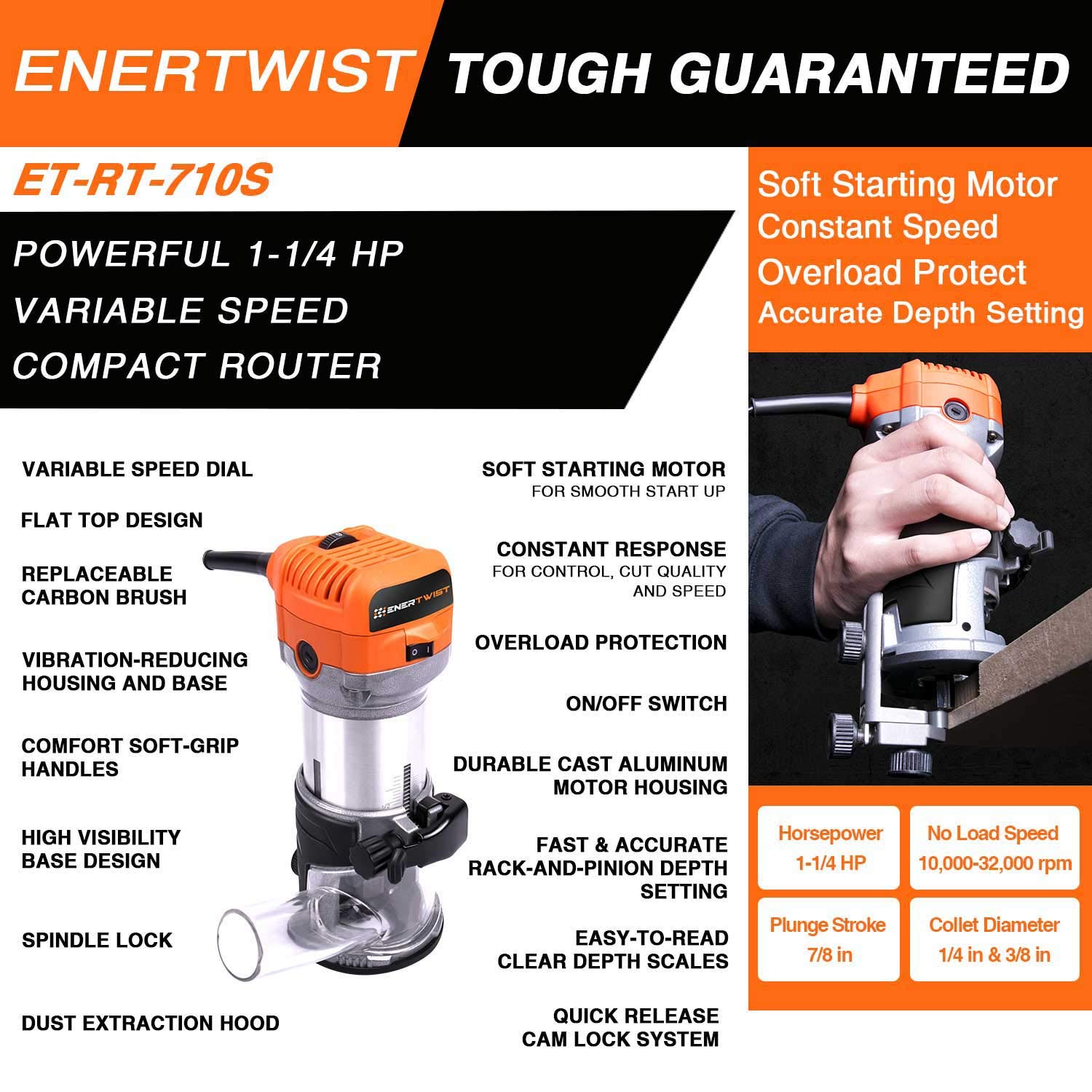 ENERTWIST Compact Router Tool, 7.0-Amp 1.25HP Soft Start Variable Speed Wood Router Kit w/Fixed Base, 1/4" & 3/8" Collets, Edge Guide, Roller Guide, Dust Hood, Replacement Brush Set, ETRT710S