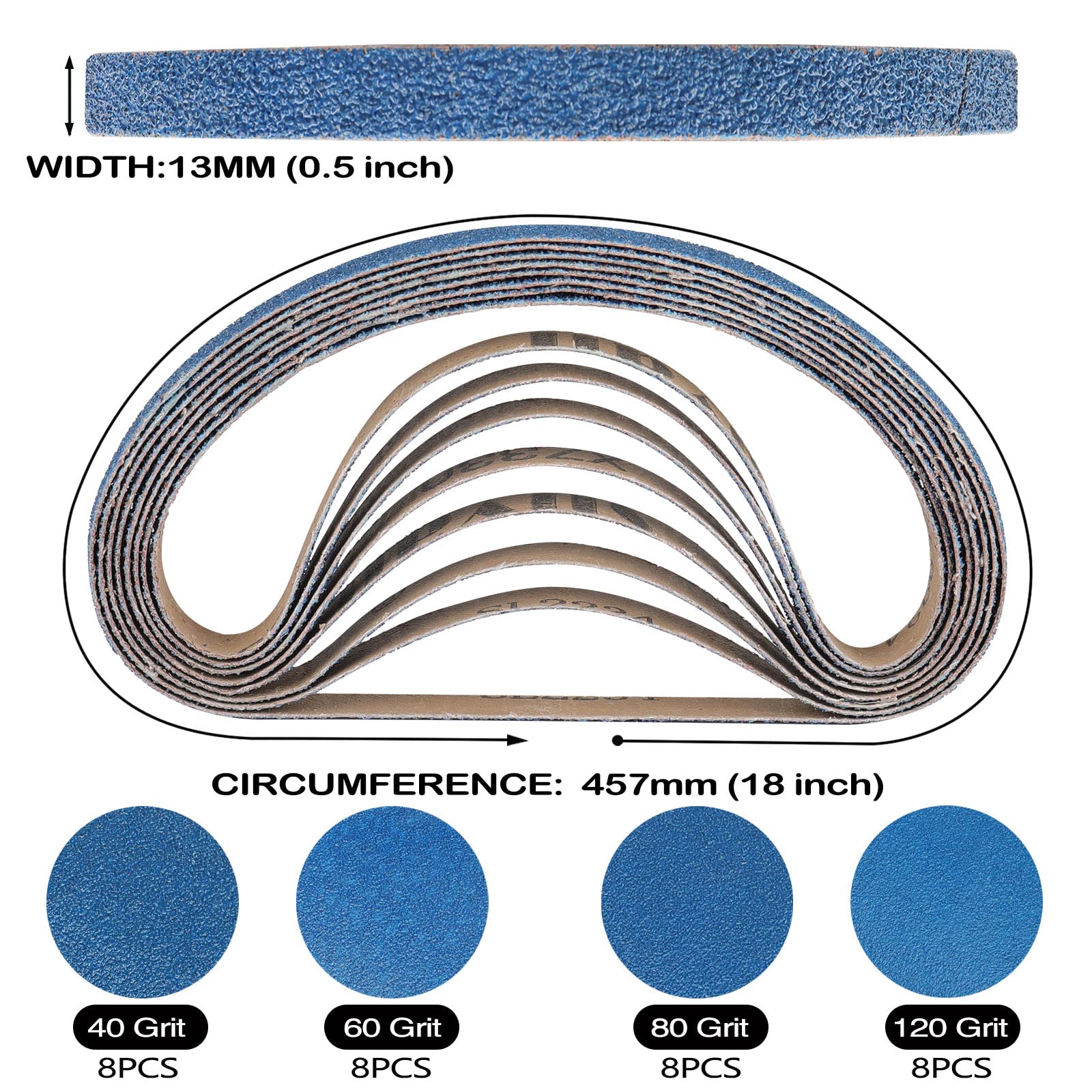 1/2" x 18" Zirconia Sanding Belts for Belt Sander, 32PCS 8 Each of 40/60/80/120 Assorted Grits, 1/2 x 18 Inch Sanding Belts for Air Belt Sander, Woodworking, Metal Polishing, Derusting, 32-Pack