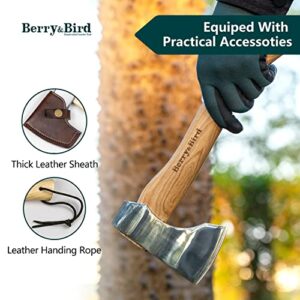 Berry&Bird Camping Axe, 12.5’’ Small Axe Hatchet with Wooden Short Handle & Leather Sheath Mini Hand Axes for Cutting & Splitting Forged Carbon Steel Blade Outdoor Manual Tool