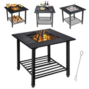 giantex 4-in-1 wood burning fire pit, square firepit table with mesh cover, removable lid, cooking grate, log grate and fire poker, outdoor fire table for garden poolside balcony