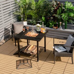 Giantex 4-in-1 Wood Burning Fire Pit, Square Firepit Table with Mesh Cover, Removable Lid, Cooking Grate, Log Grate and Fire Poker, Outdoor Fire Table for Garden Poolside Balcony