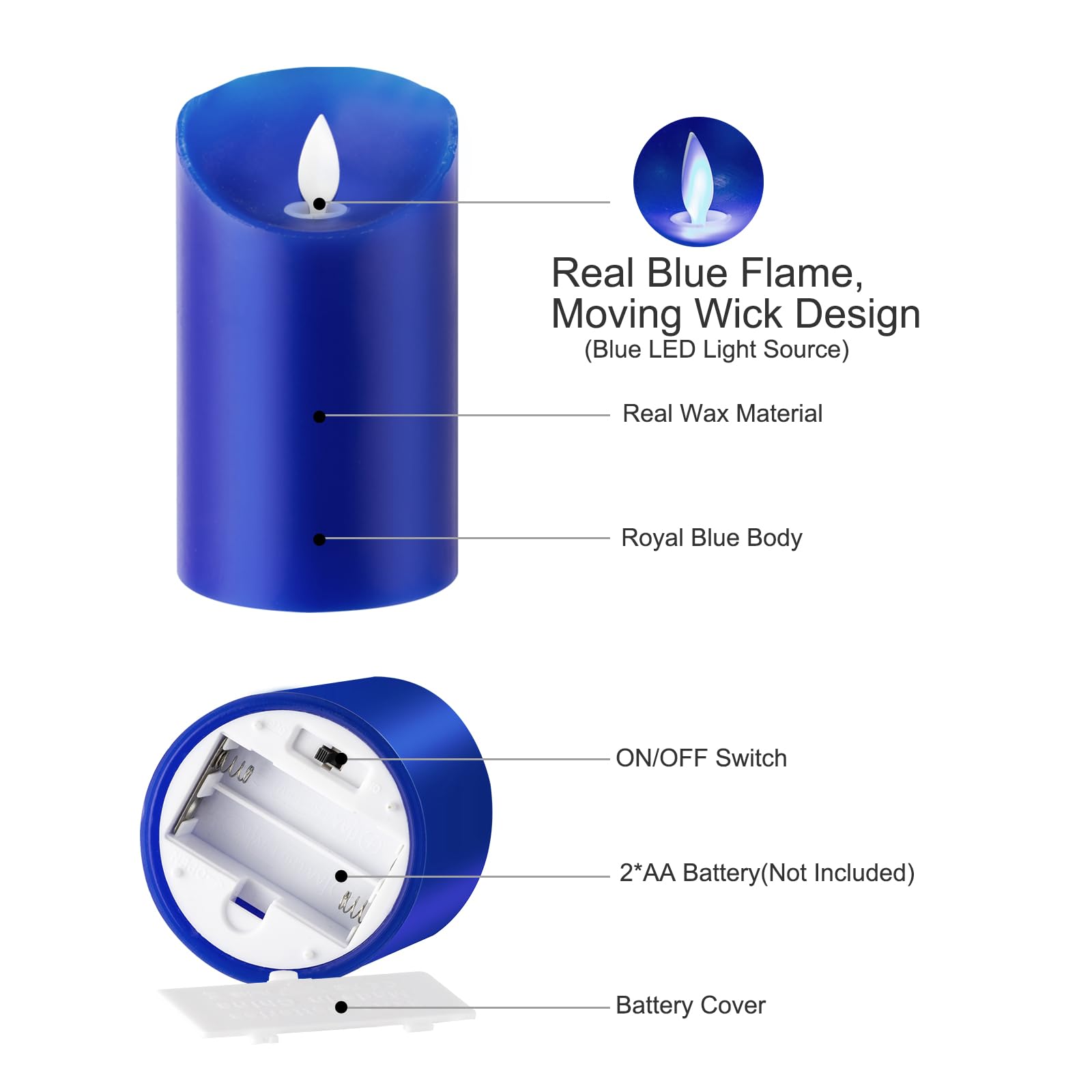 Windshell Real Blue Flame Candles(Blue LED Light Source), Remote Control/Moving Wick Design, Real Wax Flameless Royal Blue Pillar Candle, Battery Operated, Timer and Dimmable