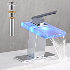 avsiile led bathroom sink faucet, chrome waterfall single hole handle vanity faucets for sinks 1 hole with metal pop up drain and 2 water supply lines, open glass spout