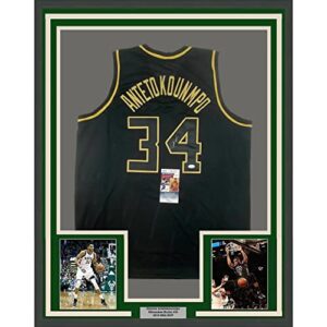 framed autographed/signed giannis antetokounmpo 33x42 milwaukee blackout basketball jersey jsa coa