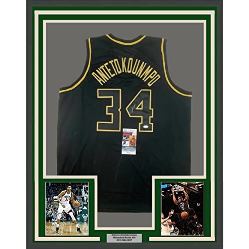 Framed Autographed/Signed Giannis Antetokounmpo 33x42 Milwaukee Blackout Basketball Jersey JSA COA