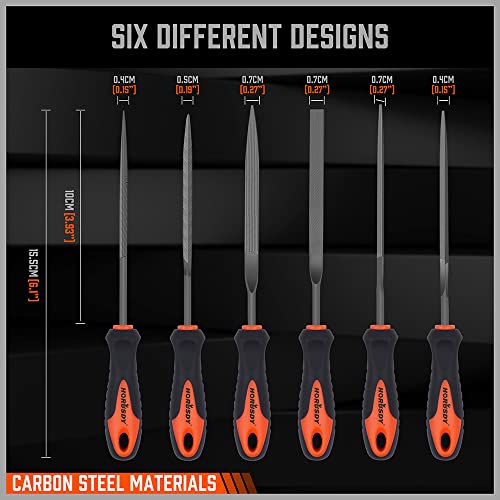 HORUSDY 6-Pieces Needle File Set, Hand Metal Files, Alloy Strength Steel Include Flat, Flat Warding, Square, Triangular, Round, and Half-Round File.