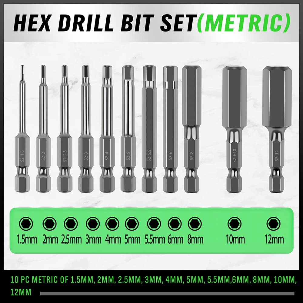 SWANLAKE 23-Piece Hex Head Allen Wrench Drill Bit Set, S2 Steel, Metric & SAE Hex Bit Set, 2.3" Long, Magnetic Tips.