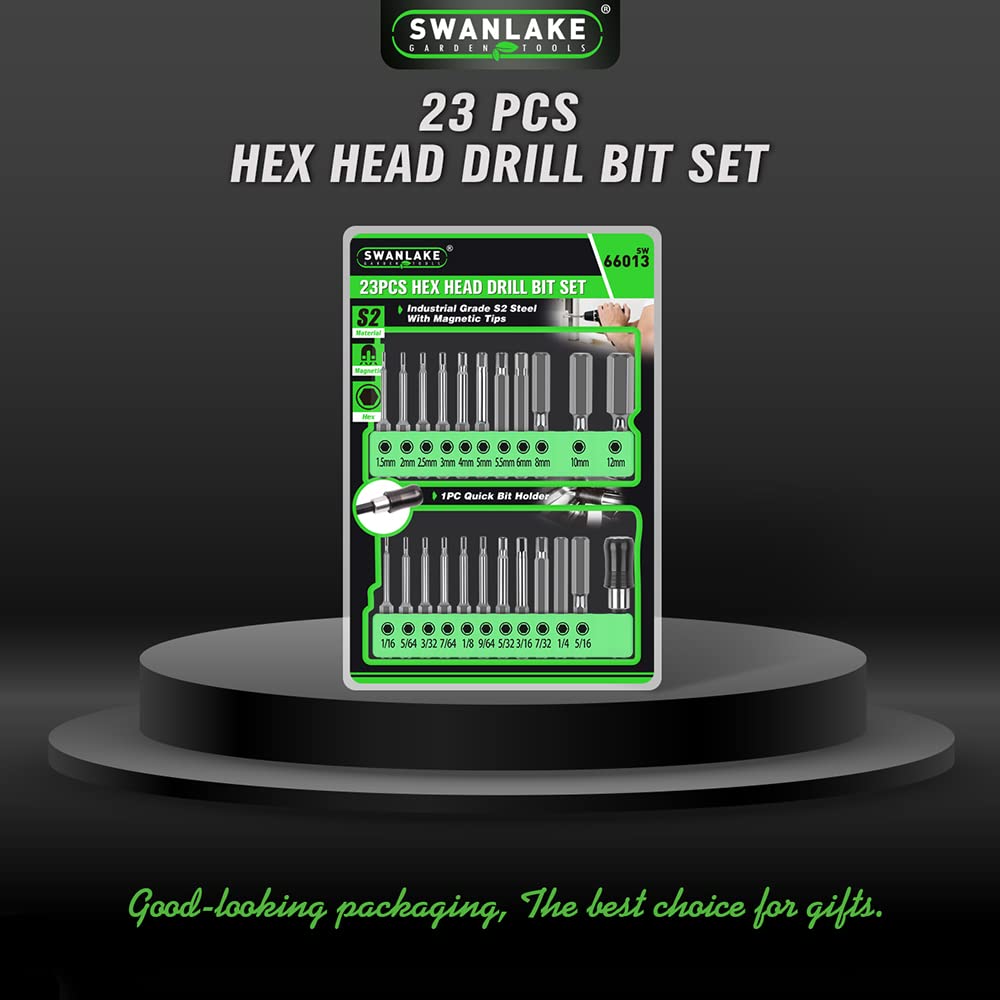 SWANLAKE 23-Piece Hex Head Allen Wrench Drill Bit Set, S2 Steel, Metric & SAE Hex Bit Set, 2.3" Long, Magnetic Tips.