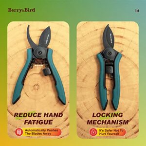 Berry&Bird Garden Clippers, Pruning Scissors with Stainless Steel Teflon Coating Blades and Handle, Plant Clippers Work 3 Times Easier with Spring, Garden Shears for Trimming Rose, Small Stem, Bonsai