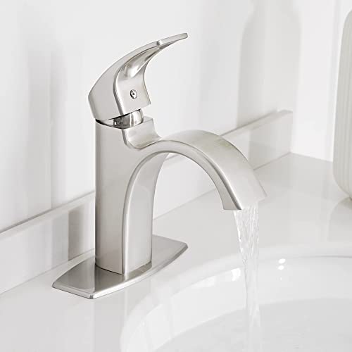 Hoimpro Waterfall Brushed Nickel Single Hole Bathroom Faucet, Single Handle Bathroom Vanity Sink Faucet, Rv Vanity Faucet, Brushed Nickel (1 or 3 Hole)
