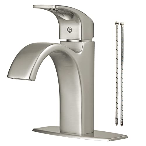 Hoimpro Waterfall Brushed Nickel Single Hole Bathroom Faucet, Single Handle Bathroom Vanity Sink Faucet, Rv Vanity Faucet, Brushed Nickel (1 or 3 Hole)