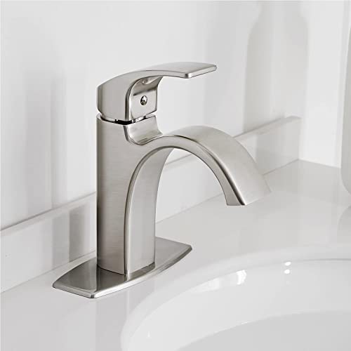 Hoimpro Waterfall Brushed Nickel Single Hole Bathroom Faucet, Single Handle Bathroom Vanity Sink Faucet, Rv Vanity Faucet, Brushed Nickel (1 or 3 Hole)