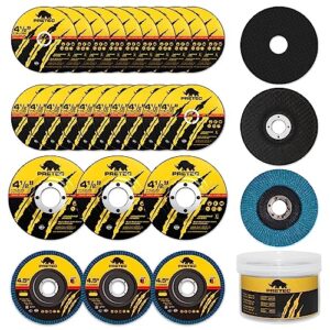 pretec 26 packs angle grinder cutting flap grinding disc wheel 4 1/2in inches - 20 packs 4.5"x1/4"x7/8" cut off wheels,3 packs 4.5"x7/8" 60 grit flap discs, 3 packs 4.5"x1/25"x7/8" grinding wheels