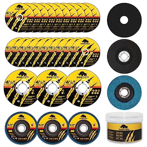 PRETEC 26 Packs Angle Grinder Cutting Flap Grinding Disc Wheel 4 1/2in Inches - 20 Packs 4.5"x1/4"x7/8" Cut Off Wheels,3 Packs 4.5"x7/8" 60 Grit Flap Discs, 3 Packs 4.5"x1/25"x7/8" Grinding Wheels