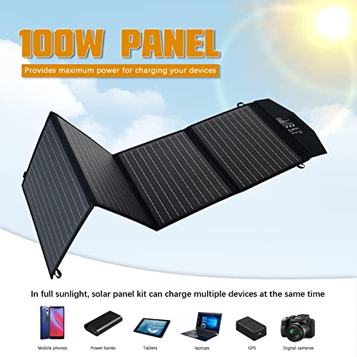 Limpioskie 100W Portable Solar Panel, 18v Foldable Solar Panel with 2 Connectors, MC4/Type-C/USB/DC Solar Panel for Laptop Tablet Phone Camera Camping Outdoors RV Black