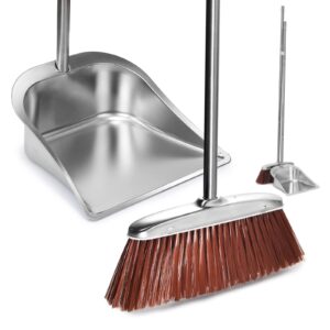 broom and dustpan set for home, sutine 56" upright long handle broom and dustpan set, heavy duty stainless steel dust pan great for sweeping indoor outdoor kitchen office lobby floor