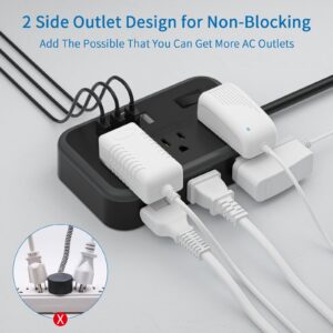 Flat Plug Extension Cord 25 Ft, NTONPOWER 6 Widely Spaced Outlet(2 Side) Power Strip with 4 USB Port, Overload Protection, Wall Mount Charging Station for Home Office, Dorm Room and Nightstand, Black…