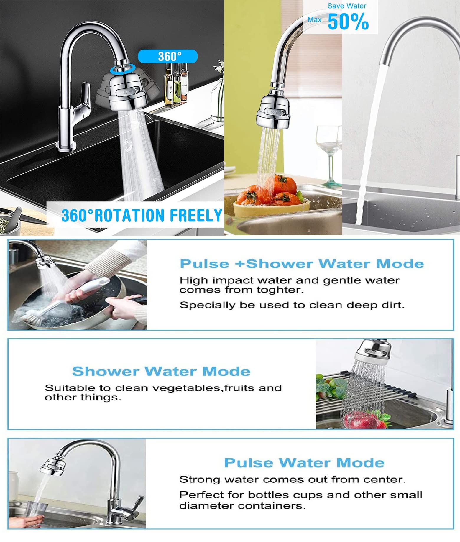 3Modes High Pressure Luxury Filtered Kitchen Water Faucet Aerator Home Pressure Water Diffuser Bubbler Water Saving Filter Shower Head Nozzle Tap Connector