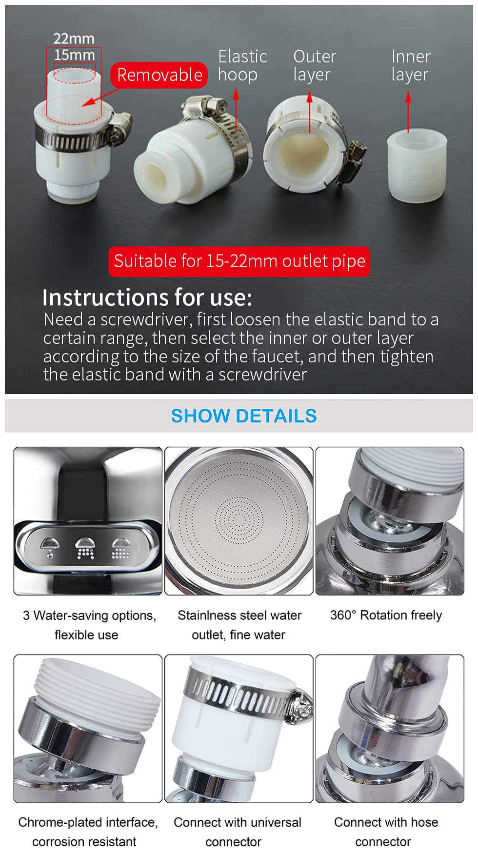 3Modes High Pressure Luxury Filtered Kitchen Water Faucet Aerator Home Pressure Water Diffuser Bubbler Water Saving Filter Shower Head Nozzle Tap Connector