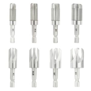 wood plug cutters, 8 pcs straight and tapered plug cutter set 1/4", 5/16”, 3/8", and 1/2" taper cutting tool cork drill bit knife set with 1/4 hex shank