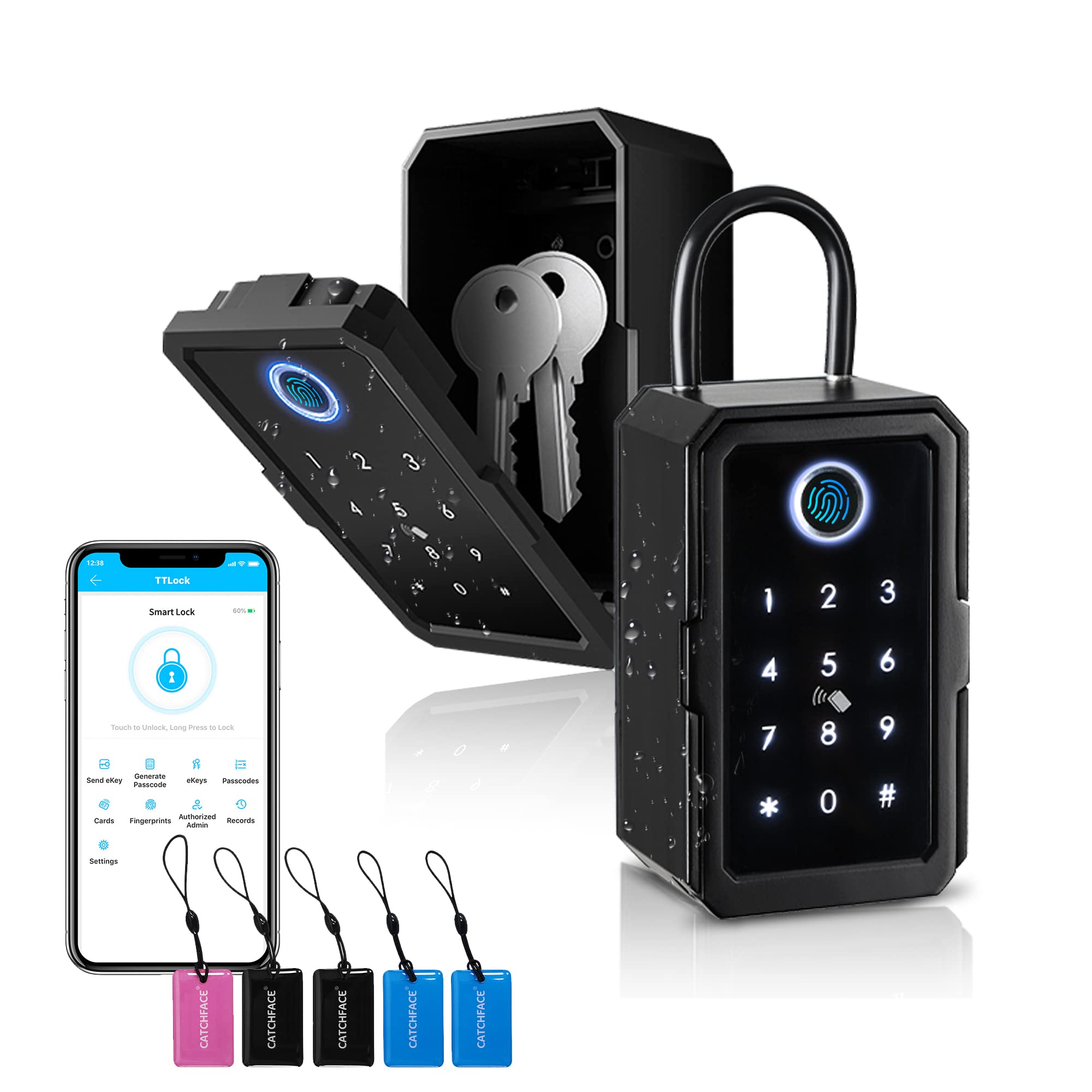 Smart Box Lock,CATCHFACE Key Lock Box 5-in-1 Bluetooth Lock Box Support TTLock APP and Share ekey Bluetooth Key Lockbox for Door Handle and Wall Smart lockbox for Airbnb Realtor Office Home[New]