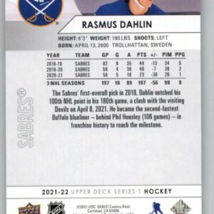 2021-22 Upper Deck Series One #21 Rasmus Dahlin Buffalo Sabres Official NHL Hockey Card in Raw (NM or Better) Condition