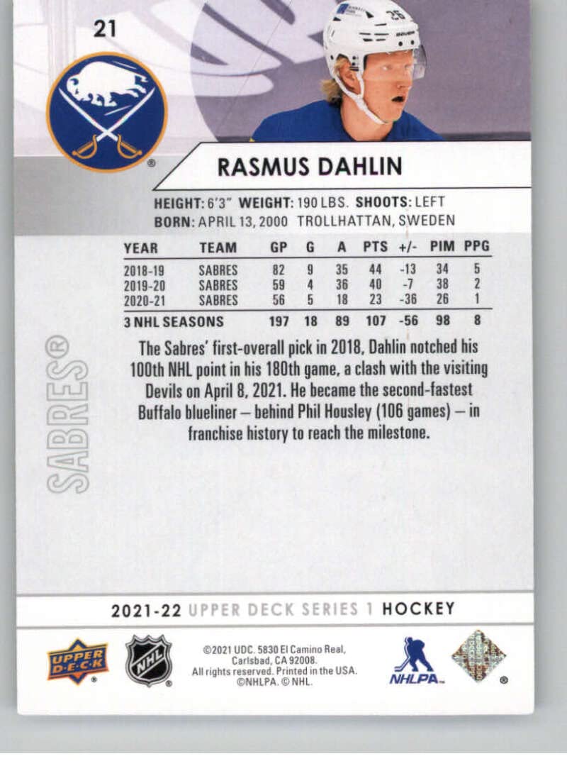 2021-22 Upper Deck Series One #21 Rasmus Dahlin Buffalo Sabres Official NHL Hockey Card in Raw (NM or Better) Condition