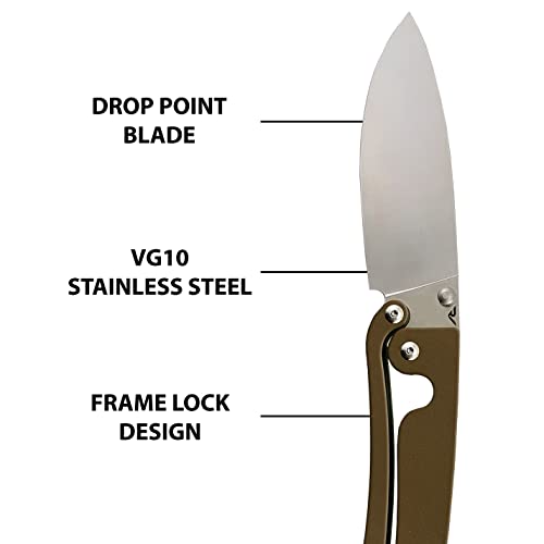 Revolt Knives Revolt Reflex Folding Pocket Knife VG10 Stainless Steel 3.2” Blade - Aluminum Alloy Scales Handle Frame Lock Design - EDC Every Day Carry Folder Knife, Brown