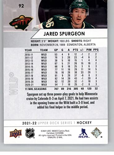 2021-22 Upper Deck Series One #92 Jared Spurgeon Minnesota Wild Official NHL Hockey Card in Raw (NM or Better) Condition