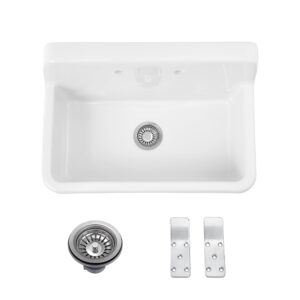 ellai 30 inch white wall mount utility sink high back wall mounted ceramic laundry tub 15 gallon slop sink for laundry room, garage, kitchen, basement 30" x 19" x 18"