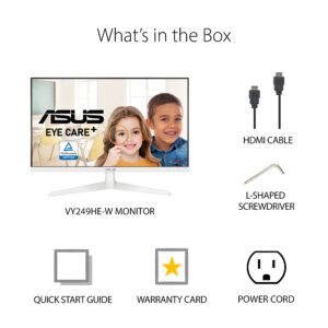 ASUS VY249HE-W 23.8” 1080P Monitor - White, Full HD, 75Hz, IPS, Adaptive-Sync/FreeSync, Eye Care Plus, Color Augmentation, Rest Reminder, HDMI, VGA Frameless VESA Wall Mountable