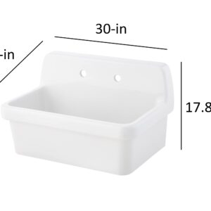 ELLAI 30 Inch White Wall Mount Utility Sink High Back Wall Mounted Ceramic Laundry Tub 15 Gallon Slop Sink for Laundry Room, Garage, Kitchen, Basement 30" x 19" x 18"