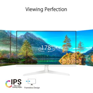 ASUS VY249HE-W 23.8” 1080P Monitor - White, Full HD, 75Hz, IPS, Adaptive-Sync/FreeSync, Eye Care Plus, Color Augmentation, Rest Reminder, HDMI, VGA Frameless VESA Wall Mountable