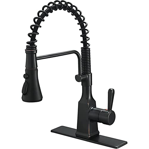 Bathfinesse Kitchen Faucet with Pull Down Sprayer High Arc Single Handle Gooseneck Spring Solid Brass Kitchen Sink Faucet with Deck Plate Oil Rubbed Bronze Commercial Faucet for Kitchen Sink Pull Out