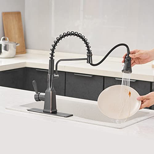 Bathfinesse Kitchen Faucet with Pull Down Sprayer High Arc Single Handle Gooseneck Spring Solid Brass Kitchen Sink Faucet with Deck Plate Oil Rubbed Bronze Commercial Faucet for Kitchen Sink Pull Out