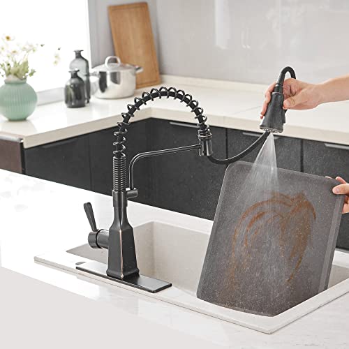 Bathfinesse Kitchen Faucet with Pull Down Sprayer High Arc Single Handle Gooseneck Spring Solid Brass Kitchen Sink Faucet with Deck Plate Oil Rubbed Bronze Commercial Faucet for Kitchen Sink Pull Out