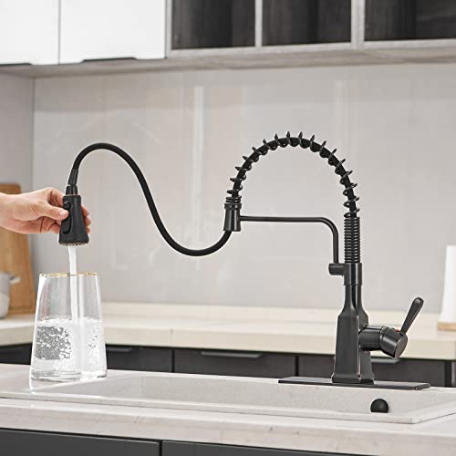 Bathfinesse Kitchen Faucet with Pull Down Sprayer High Arc Single Handle Gooseneck Spring Solid Brass Kitchen Sink Faucet with Deck Plate Oil Rubbed Bronze Commercial Faucet for Kitchen Sink Pull Out