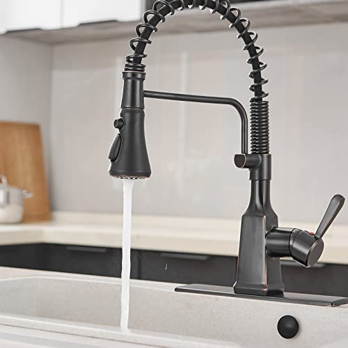 Bathfinesse Kitchen Faucet with Pull Down Sprayer High Arc Single Handle Gooseneck Spring Solid Brass Kitchen Sink Faucet with Deck Plate Oil Rubbed Bronze Commercial Faucet for Kitchen Sink Pull Out