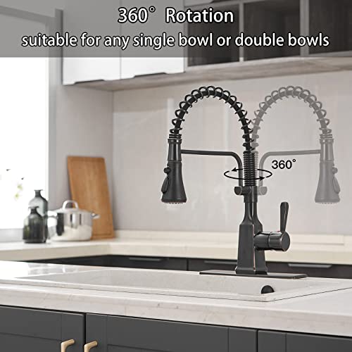 Bathfinesse Kitchen Faucet with Pull Down Sprayer High Arc Single Handle Gooseneck Spring Solid Brass Kitchen Sink Faucet with Deck Plate Oil Rubbed Bronze Commercial Faucet for Kitchen Sink Pull Out