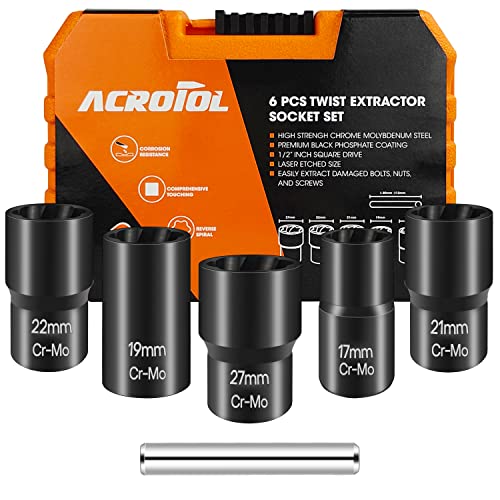 ACROTOL 6PCS Twist Socket Set Lug Nut Remover Tool, 1/2”Drive Impact Bolt Nut Extractor, for Removing Damaged, Frozen, Rusted, Rounded-Off Bolts, Nuts & Screws