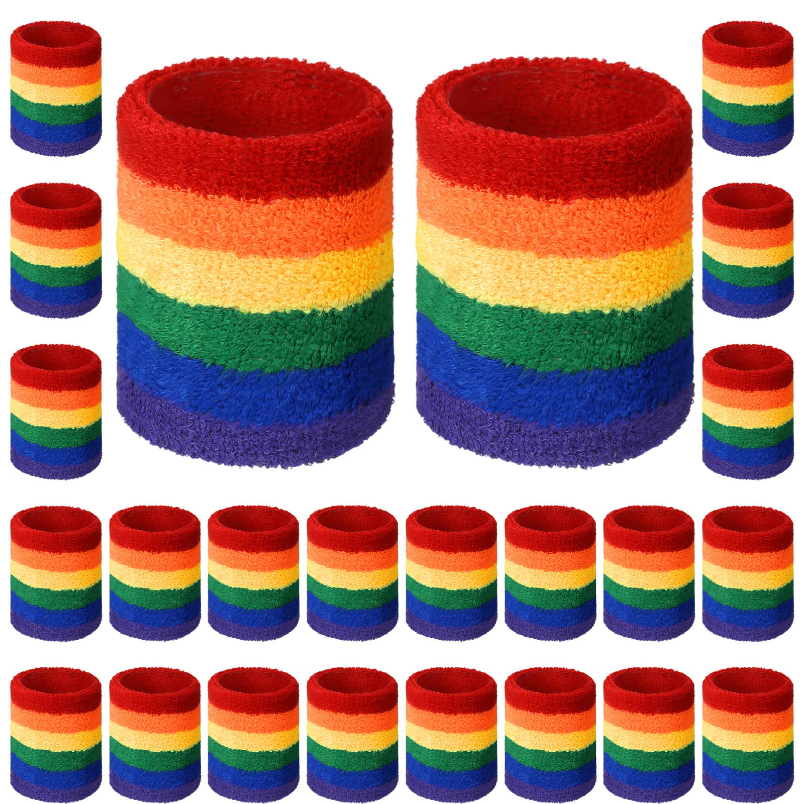 Sratte 24 Pcs Rainbow Striped Wrist Sweatbands Gay Pride Sweat Wristbands for Men Women Athletic Cotton Terry Cloth Wristband Gym Workout Sports LGBT Pride Parade Supplies(Red, Green, Purple)