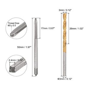 uxcell M3 x 0.5 Straight Flute Thread Tap and 3mm Twist Drill Bit Set, Metric Titanium Plated 6542 High Speed Steel Drilling Bit Machine Threading Tap