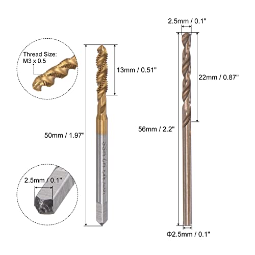 uxcell M3 x 0.5 Spiral Flute Tap 2.5mm Drill Bit Set, Metric Titanium Plated M35 Cobalt High Speed Steel Machine Threading Screw Tap Drilling Tool