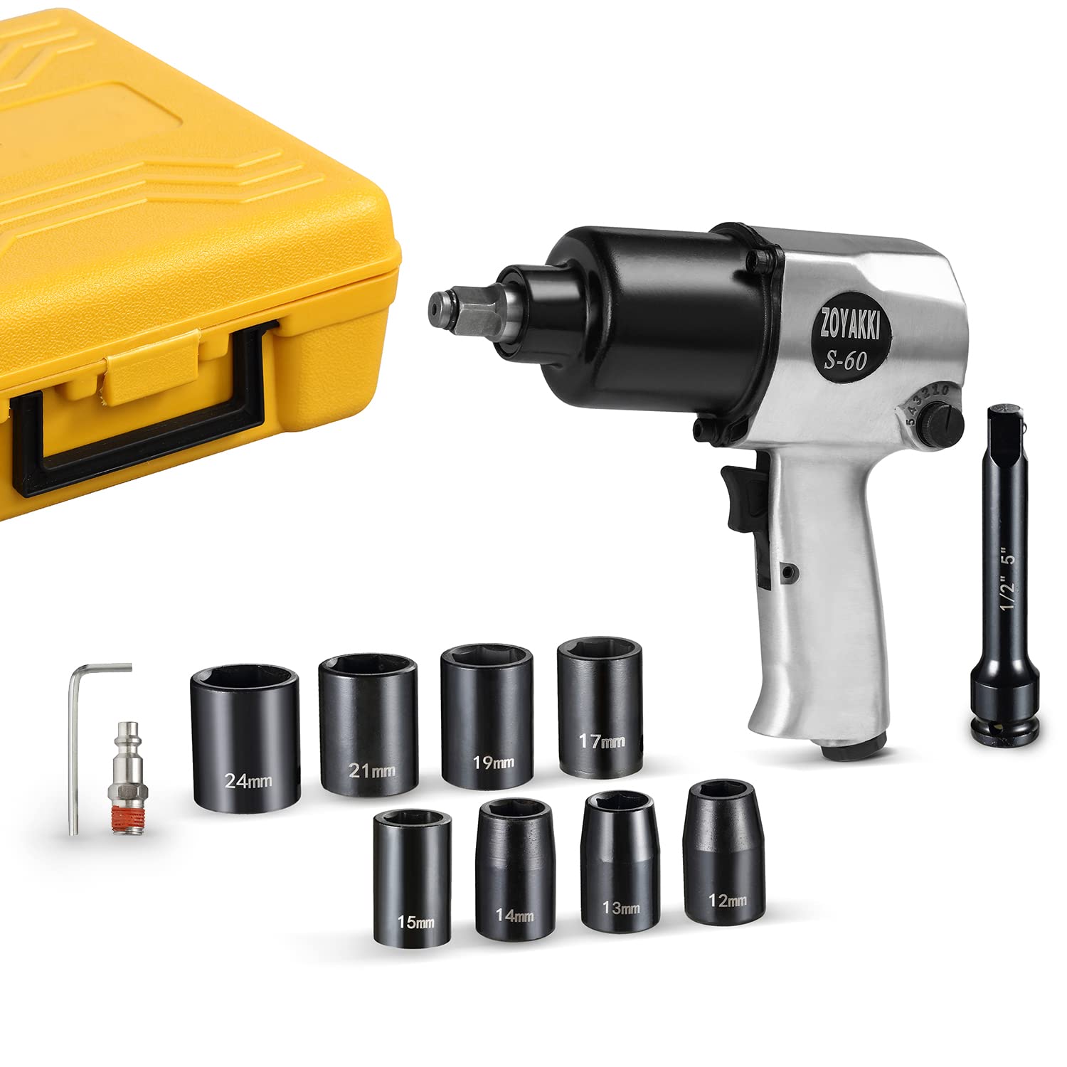 ZOYAKKI 1/2" Air Impact Wrench Set, 520Nm, 5 Speed, Double Hammer, 7 Rotor Slots, Pneumatic Impact Gun, with 8 Metric Impact Sockets,and Blow Molded Carrying Case