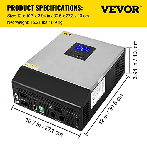 VEVOR Hybrid Solar Inverter, 3KVA 2400W, Pure Sine Wave Off-Grid Inverter, 24VDC to 110VAC Multi-Function Inverter with Build-in 50A PWM Solar Charge Controller, Support Utility/Generator/Solar Energy