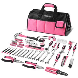 dekopro pink tool set for women ladies girls, 226-piece household hand tool kit with wide mouth open storage tool bag for diy, home and equipment maintenance