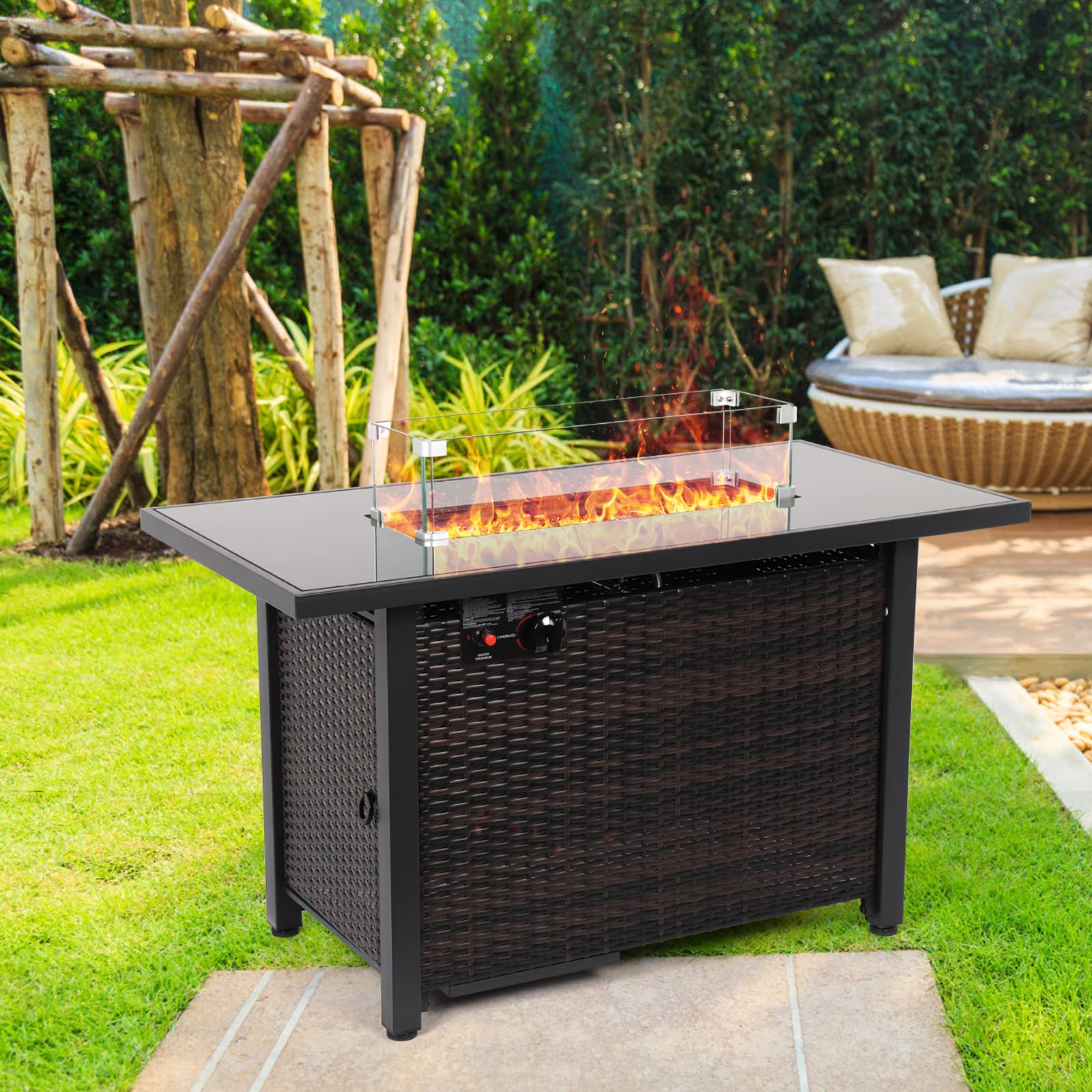 44 in Propane Fire Pit Table,Rattan Fire Pit Table with Glass Wind Guard,60,000 BTU Auto-Ignition Gas Firepit,CSA Certification and Black Tempered Glass Tabletop,for Outdoor, Patio, Lawn…