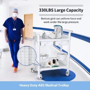 2 Tier Medical Beauty Cart, Heavy Duty Salon Trolley with 360° Swivel Wheels and Dirt Bucket Drawer Storage Organizer for Hospital Dental Clinic Spa Esthetician