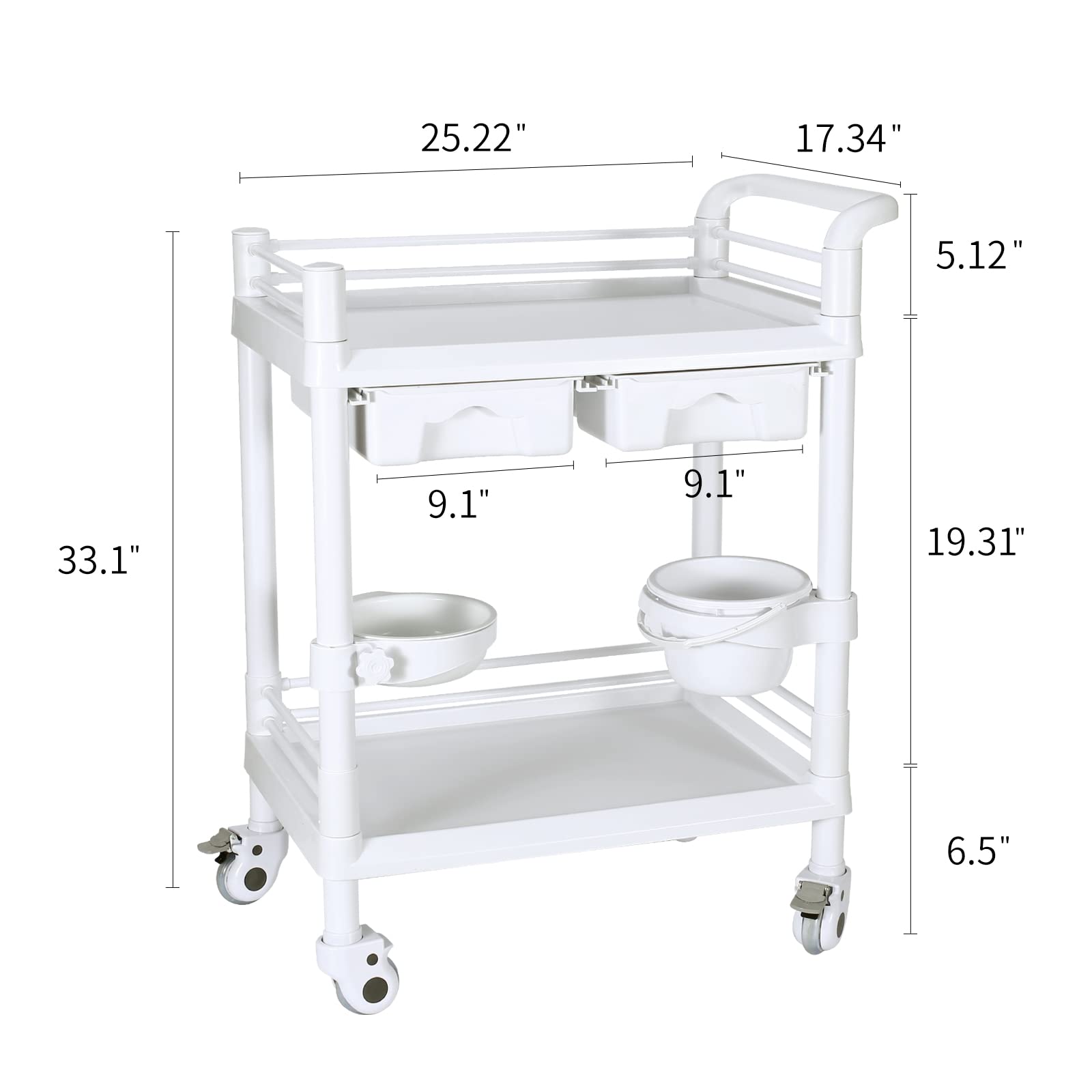 2 Tier Medical Beauty Cart, Heavy Duty Salon Trolley with 360° Swivel Wheels and Dirt Bucket Drawer Storage Organizer for Hospital Dental Clinic Spa Esthetician